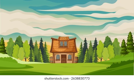 background illustration of wooden house building in forest plain and twilight sky