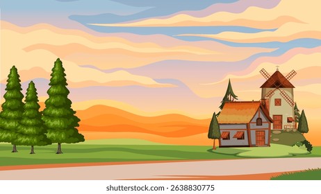 background illustration of wooden house building in forest plain and twilight sky