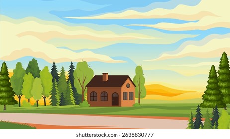 background illustration of wooden house building in forest plain and twilight sky