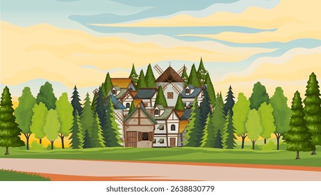 background illustration of wooden house building in forest plain and twilight sky