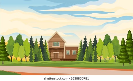 background illustration of wooden house building in forest plain and twilight sky