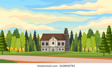 background illustration of wooden house building in forest plain and twilight sky