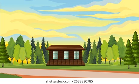 background illustration of wooden house building in forest plain and twilight sky