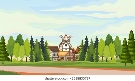background illustration of wooden house building in forest plain and twilight sky