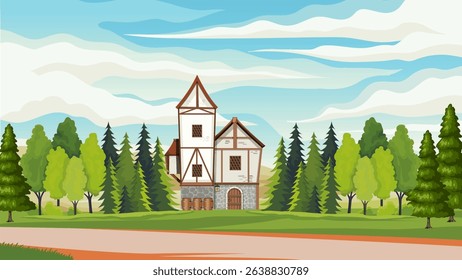 background illustration of wooden house building in forest plain and twilight sky