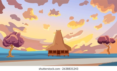 background illustration of wooden house building on plain and twilight sky