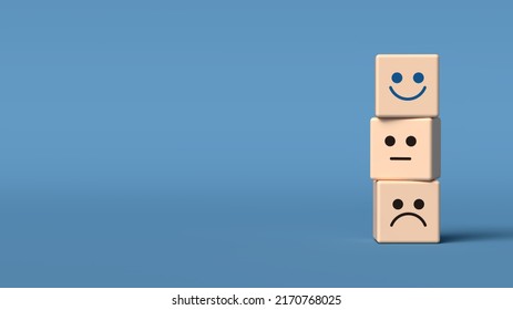 Background image of 3 wooden blocks arranged in a row with different moods. 3D illustration.