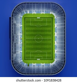 Background Image Of A Football And Soccer Stadium In Top View With Architecture And Playing Field Visible (3D Rendering)