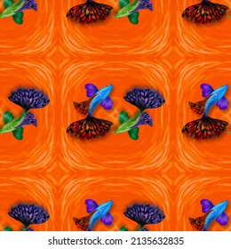 The background image represents a group of guppy fish.
