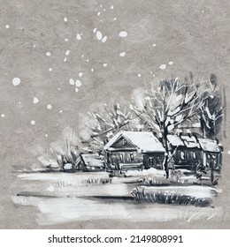 Background image with a stylized winter landscape. Hand-drawn illustration. 