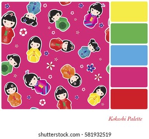 A background of Japanese Kokeshi dolls. In a colour palette with complimentary colour swatches. 
