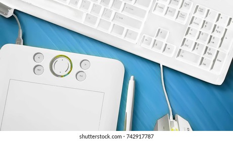 background keyboard, mouse and graphic tablet. Designer's workplace. toned illustration place with copyspace