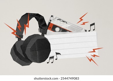The background is light gray. This gray background complements the collage of headphones and cassette tape. Mixed media music and headphones, paper note background. Music frame background.
