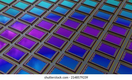 Background made of many modern digital camera back-illuminated sensors, just manufactured on the conveyor. 3D rendering