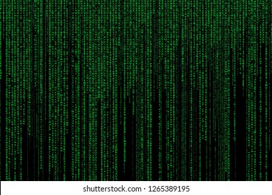 Background in a matrix style. Falling random numbers. Green is dominant color. Computer virus and hacker screen wallpaper. 