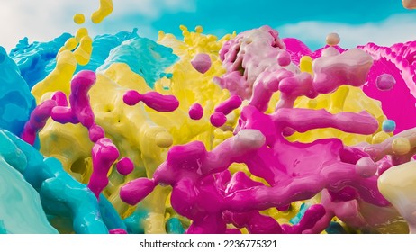 a background of mulitcolored liquids falling on the camera. a multicolored water. a splash of colorful water. 3d illustration