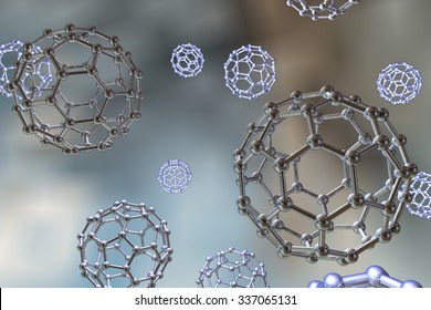 Background With Nanoparticles, C60 Molecule, Carbon Nanoparticle, Buckyball, Chemical Structure