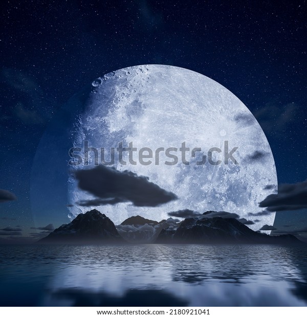 Background night\
landscape. The night sky, the full moon. Reflection of the moon on\
the water. 3d\
rendering