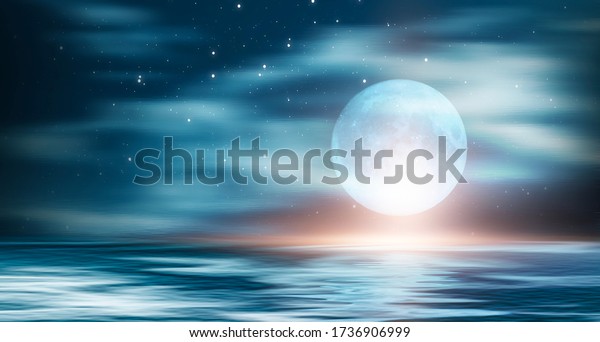 Background of\
night sea landscape. Night sky, clouds, full moon. Reflection of\
the moon on the water. Sunset on the sea horizon. Blue tinted.\
Night futuristic and mystical\
landscape.