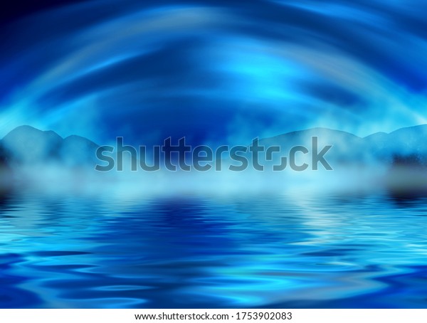 Background of night\
sea landscape. Night sky, clouds, full moon. Reflection of the moon\
on the water. Sunset on the sea horizon. Blue tinted blurred\
background. 3d\
illustration