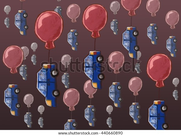 Background with oil-like painted cars hanging on\
a balloons