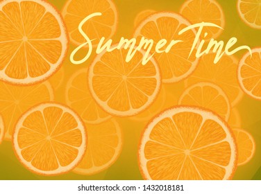 Background With Oranges And Lettering Summer Time. Screensaver For Posters, Promotions Or Ads.
