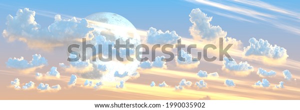 background - panoramic huge cumulus clouds\
and moon , concept nature 3D\
illustration