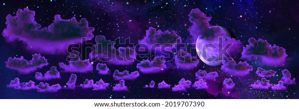 background - panoramic huge cumulus clouds and\
moon . cgi nature 3D\
rendering