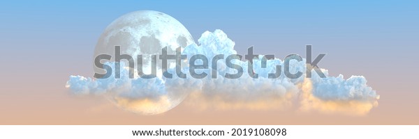 background - panoramic huge cumulus and moon ,\
nature 3D\
rendering