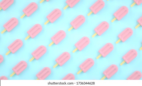 Background, pattern with pink fruit, sweet, juicy, fresh popsicles on pastel blue background. Summer minimalism. Ice cream illustration background. Creative pastels concept. Stock 3d rendering.
