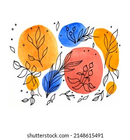 Background Pattern With Watercolor Stains And Linear Plants. Linear Style And Color Spots. Lines On Watercolor Stains. Blue, Yellow, Mustard Stain. Freehand Drawing Background.