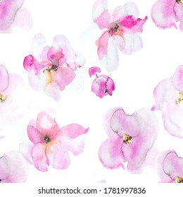 Background With Pink Cherry Flowers. Watercolour Illustration Of Cherry Blossom And Pink Petals On A White Background ,hand Painted Watercolour Flowers Pattern.