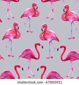 Background of pink flamingos. Seamless pattern. Watercolor illustration