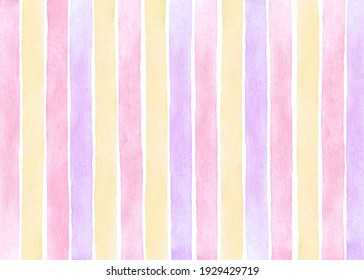 Background With Pink, Yellow, Purple Stripes, Watercolor Illustration