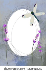 background for a postcard with lavender and dragonfly, cartoon style hand-drawn