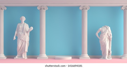 Background for product presentation. 3d-illustration of interior with antique statues and columns