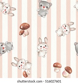 Background with rabbits and teddy on paper texture. Seamless pattern with cartoon animals 10. Watercolor painting.