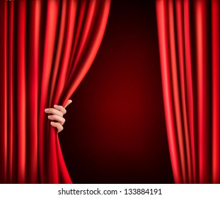 Background with red velvet curtain and hand. Raster version of vector