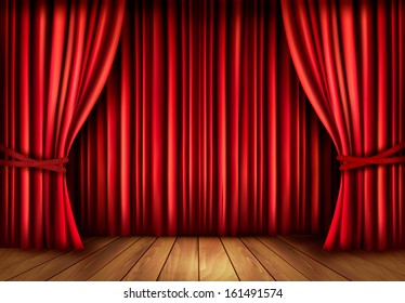 Background With Red Velvet Curtain And A Wooden Floor. 