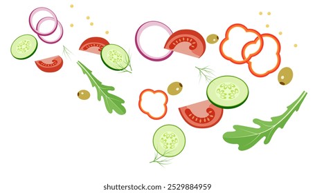 Background. Salad of tomatoes, cucumbers, arugula, red onion, green olives, dill and mustard seeds. Healthy eating. Organic food. Flat design. - Powered by Shutterstock