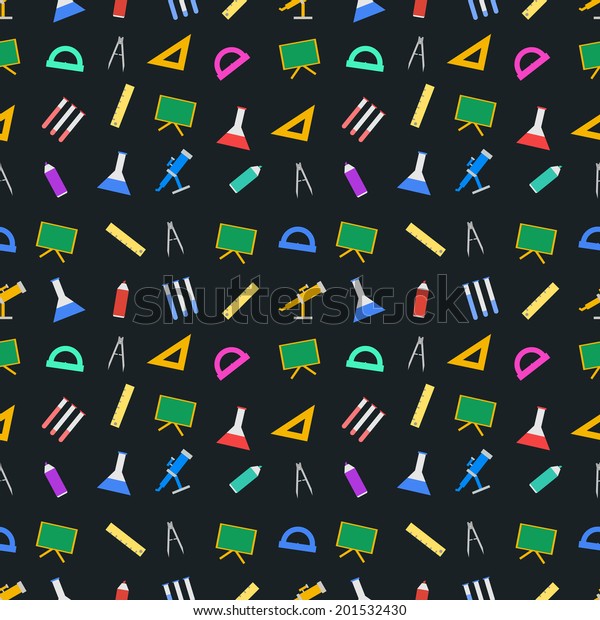 Background for school. Seamless pattern with\
school supplies on black\
background.