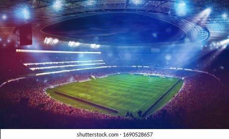 Background of a soccer stadium with light effects full of fans during a night game. 3D rendering