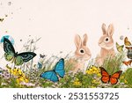 The background is a soft cream background with a natural, textured style featuring grass and rabbit, flowers, and butterflies in vibrant colors. Aesthetic background. Cute rabbit background