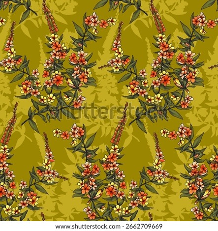 The background is a solid mustard yellow color, overlaid with a subtle, lighter silhouette of a similar leafy pattern, which adds depth to the overall design. new allover