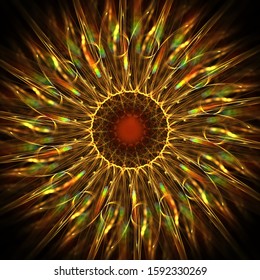 Background of a spiritual flower, made with a spiral of abstract forms, golden, brown and green colors with depth of field. 3d illustration
