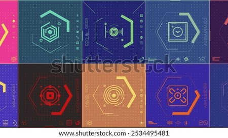 A background of square grids containing typographic elements with a mix of digital tech style HUD icons and symbols.