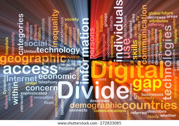 Background text pattern concept wordcloud\
illustration of digital divide glowing\
light