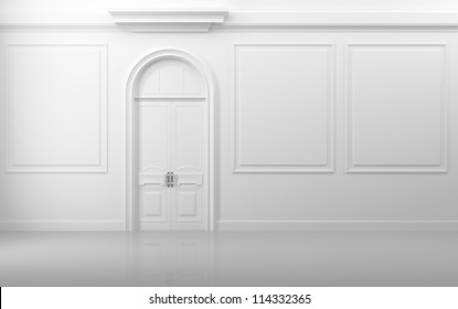 Background Texture Decoration. White Interior With Closed Door And Frames