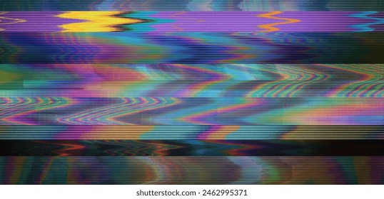 Background texture of retro CCTV video with multicolored noise and horizontal holographic scan lines.