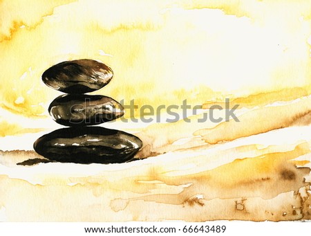 Background with tower with brown massage stones on soft towel.Picture I have created with watercolors.